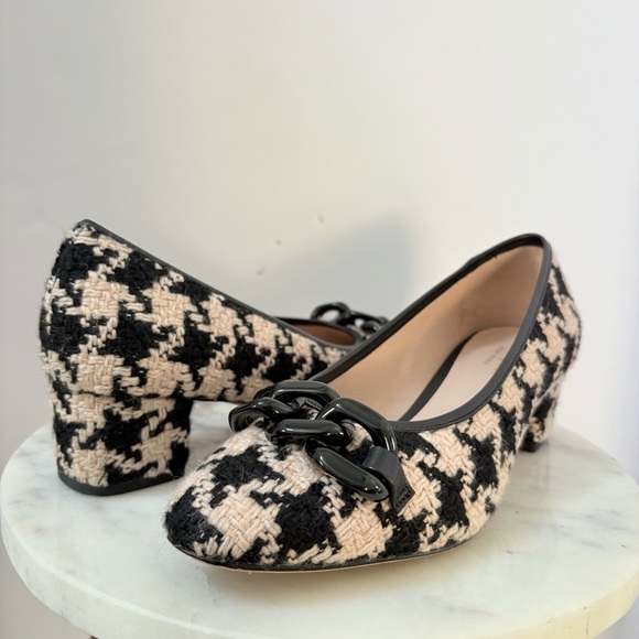 Kate Spade Tweed Block Heel Pumps Size 7B Houndstooth Chain Detail Black Beige - Picture 3 of 11